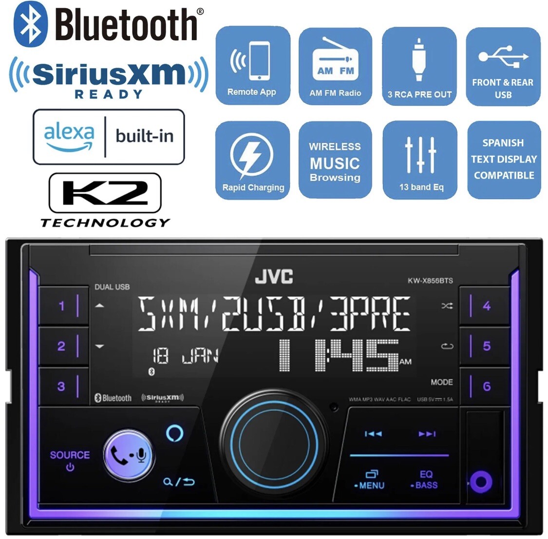 JVC KW-X855BTS Double DIN AM/FM Radio USB Bluetooth Digital Media Receiver