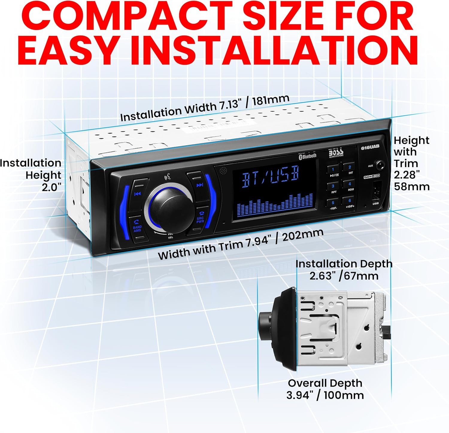 616UAB Estéreo para automóvil con Bluetooth – DIN único, MP3