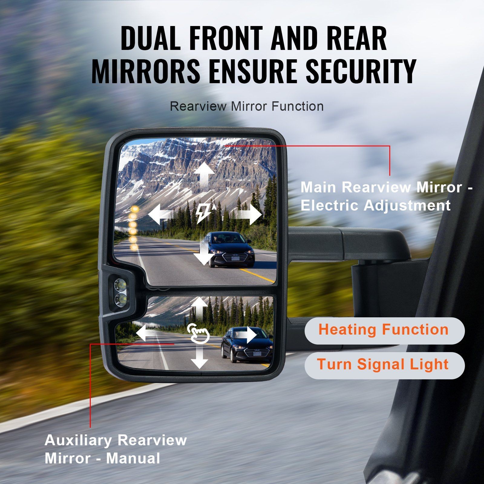 Adjustable Towing Mirrors with Heated Glass and LED Arrow Signals Silver 65