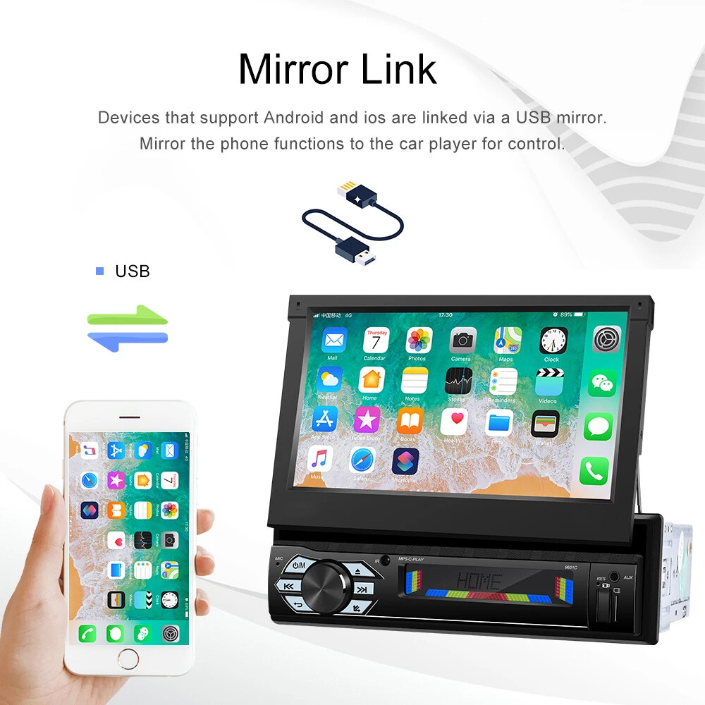 7″ 1 Din Car Stereo Radio Telescopic Screen Touch Screen Wireless Carplay FM+cam