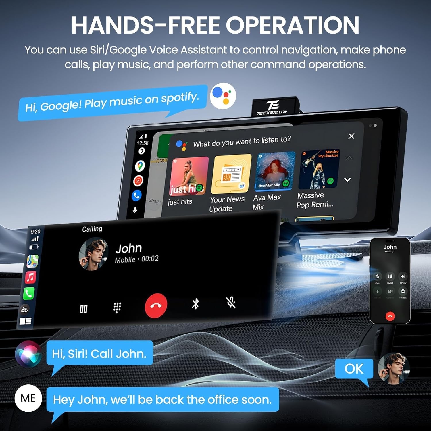 10.26” Wireless Carplay Screen for Car with 4K Dash Cam & 1080P Backup Black