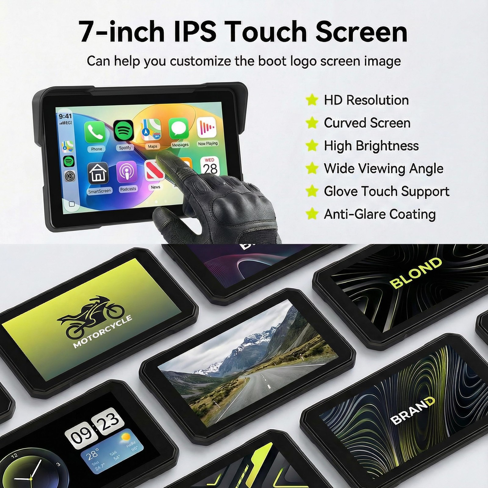 Share 7″ Waterproof Carplay Screen with GPS, Dual Bluetooth & Voice Control