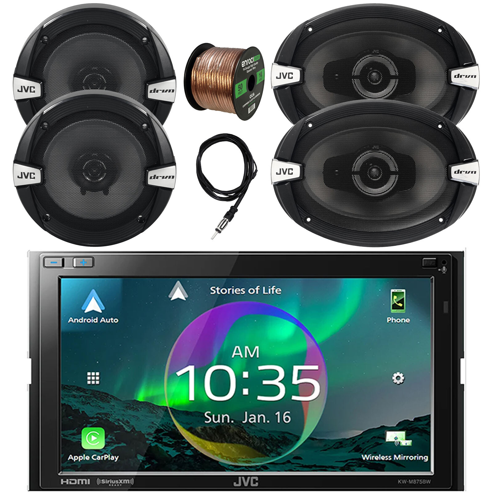JVC Touchscreen WiFi Car Radio, 2x 6.5″ Speaker, 2x 6×9″ Speakers, Wire, Antenna