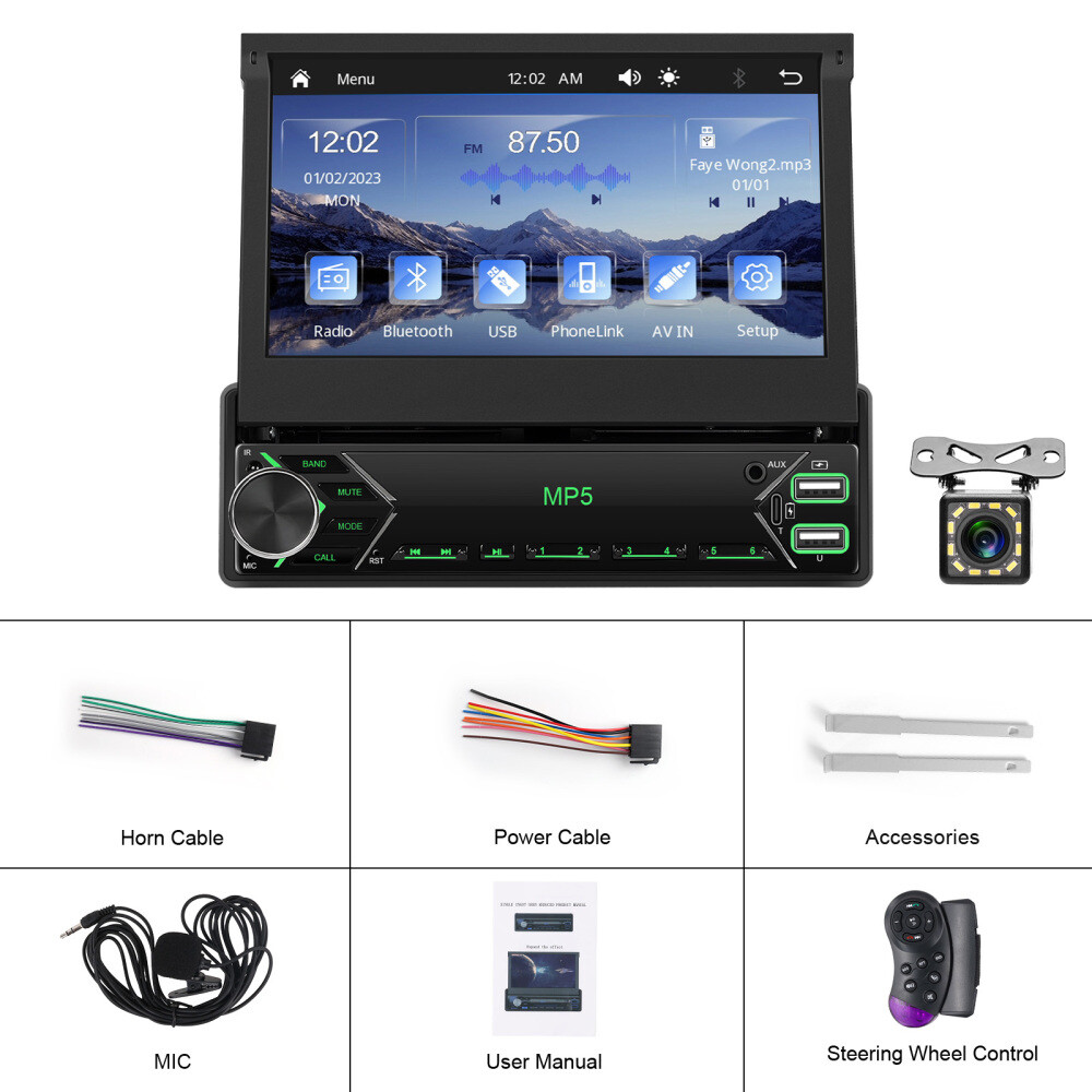 Single 1DIN 7″ Car Stereo Radio Carplay Android Auto Flip Out Touch Screen + Cam