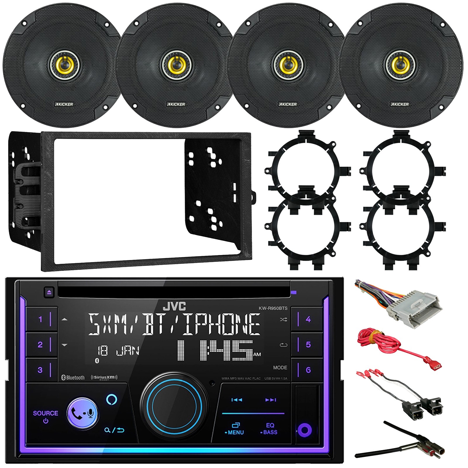 JVC Bluetooth Radio Receiver, Install Dash Kit, 4x 6.5″ 300W Speakers W/Adaptors
