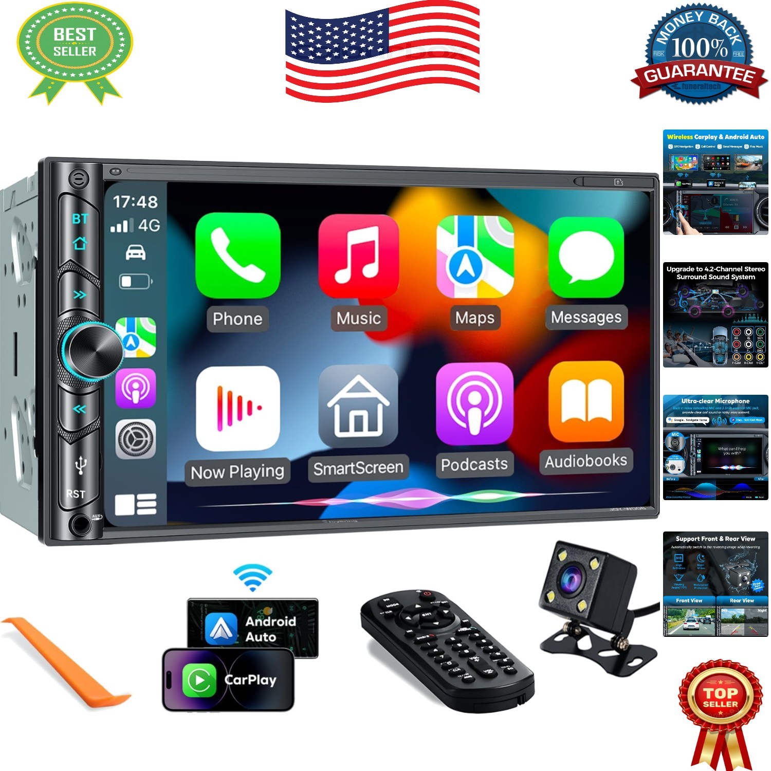 Double Din 7″ HD Capacitive Touchscreen Car Radio with Subwoofer Ports & Alexa