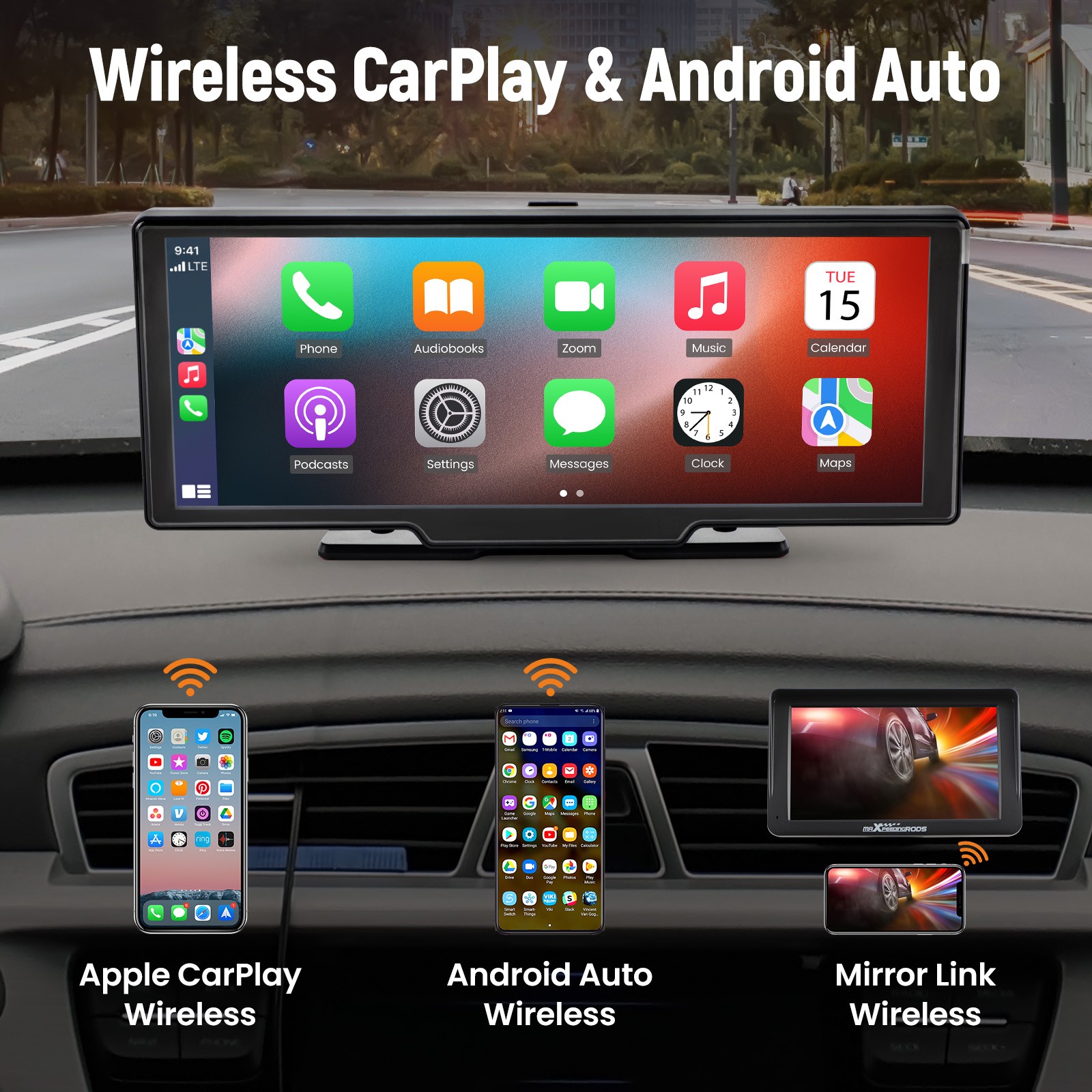 10.26″ DVD Player for Car Truck Wireless CarPlay Android Auto Backup Camera