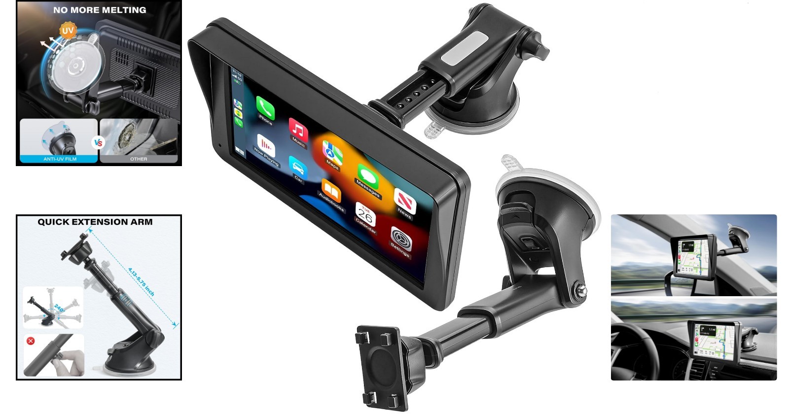 Suction Cup Car Mount for 7-11 Inch CarPlay Screens with Adjustable Arm