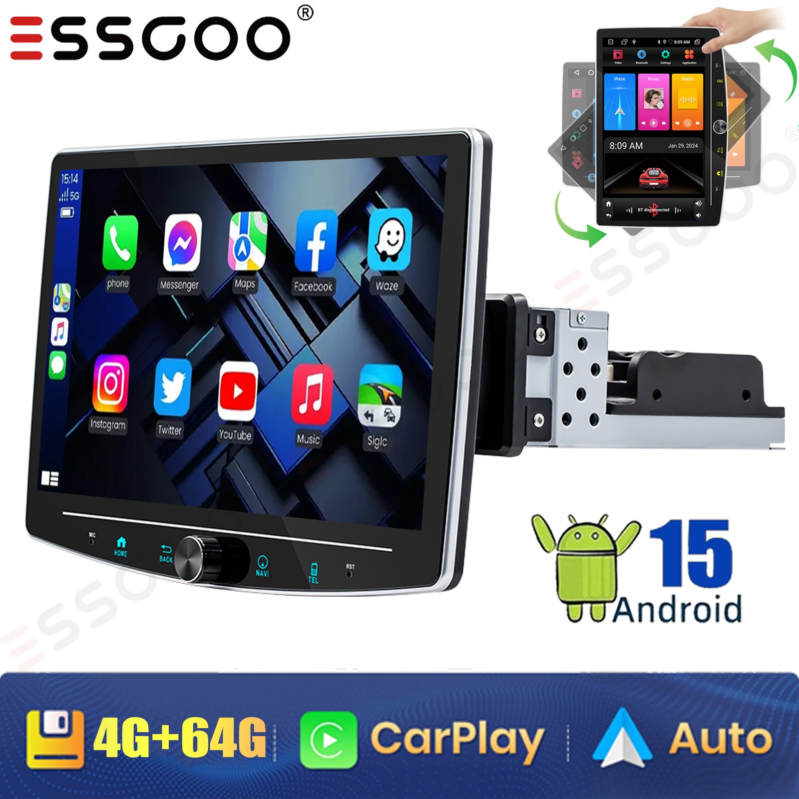 10.1″ 4+64GB Android 15 Carplay Rotatable Car Stereo Radio 1Din GPS Navi BT SWC