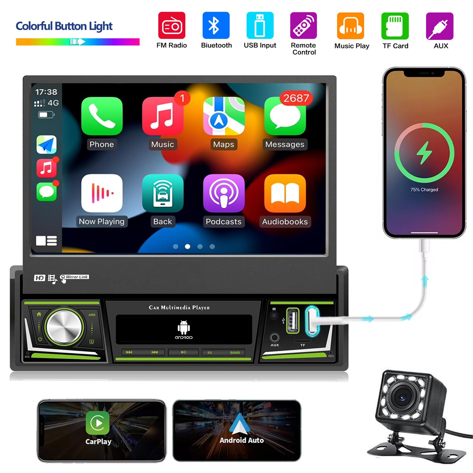 7″ Single 1 DIN Car Stereo Radio Flip Out Touch Screen Bluetooth MP5 USB Camera
