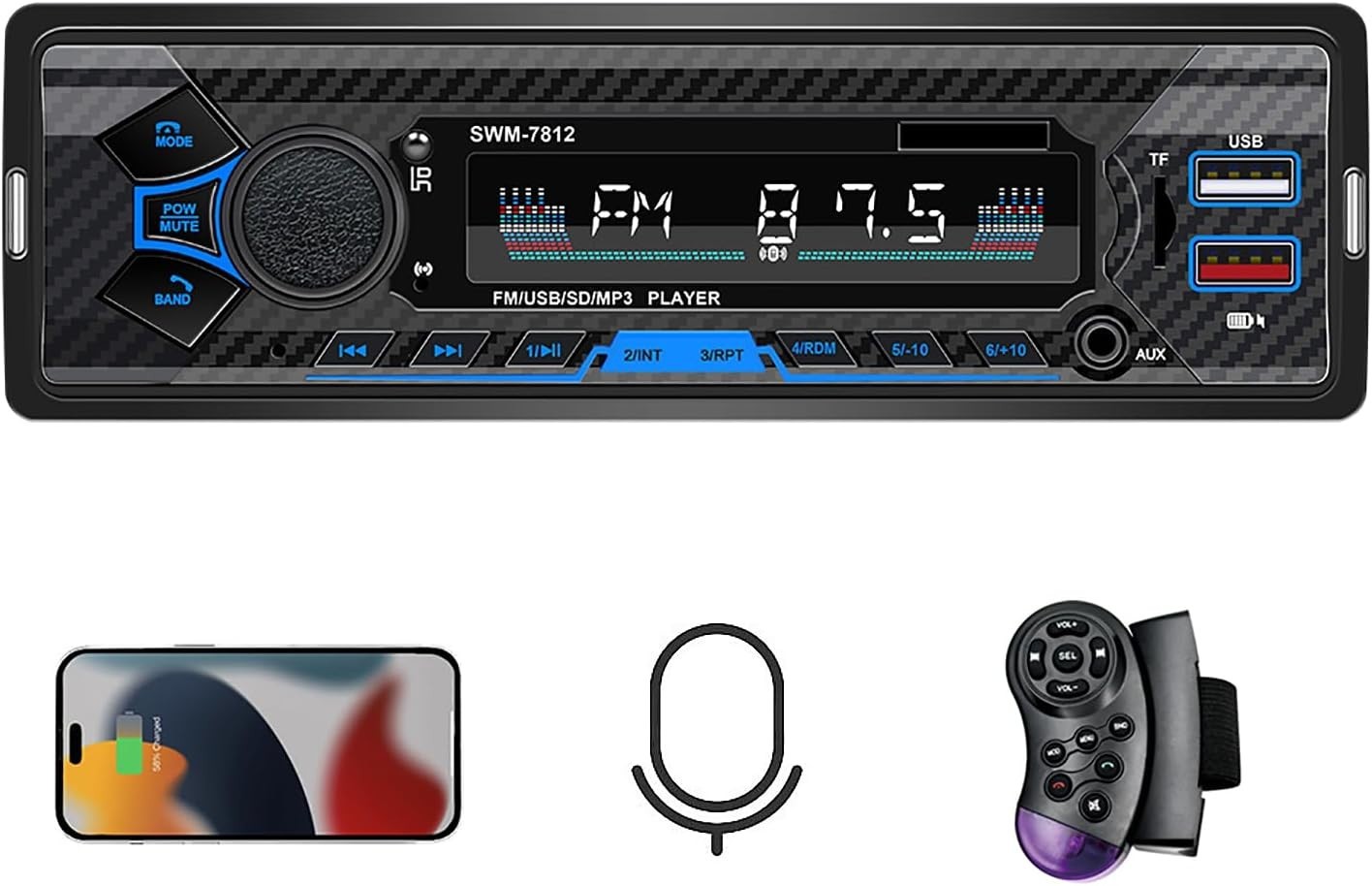 7 Inch Bluetooth Single Din Car Radio, Universal Car Radio with SWC, Subwoofer