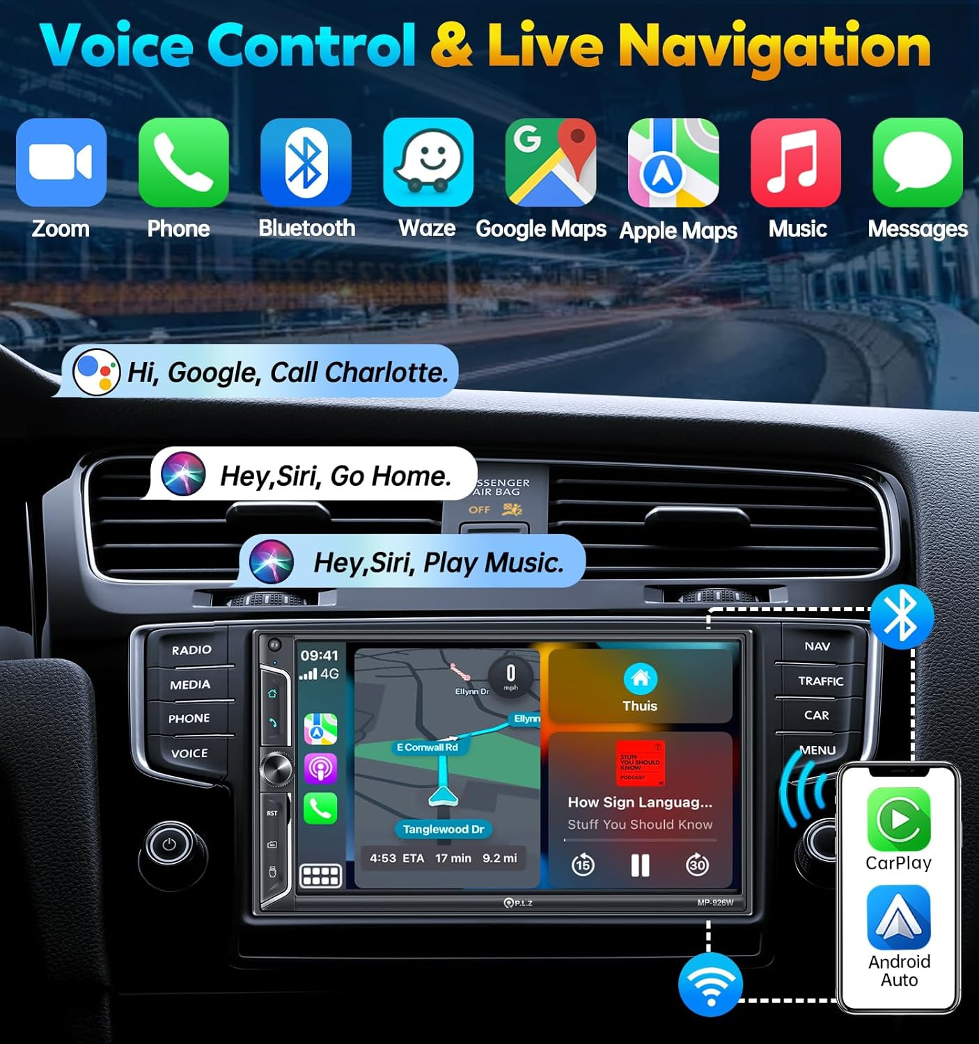 7″ Wireless Double Din Car Stereo Apple Car Play Radio Carplay Android Auto QLED