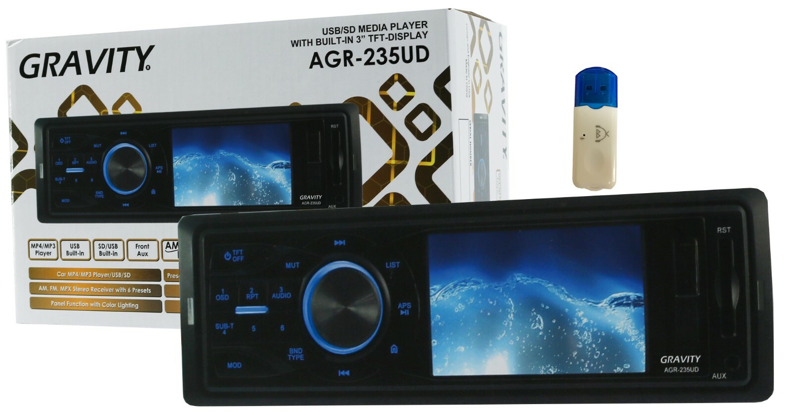 Gravity AGR-235UD 1-Din USB/SD MP4/MP3 Media Player+ Wireless Bluetooth Adaptor