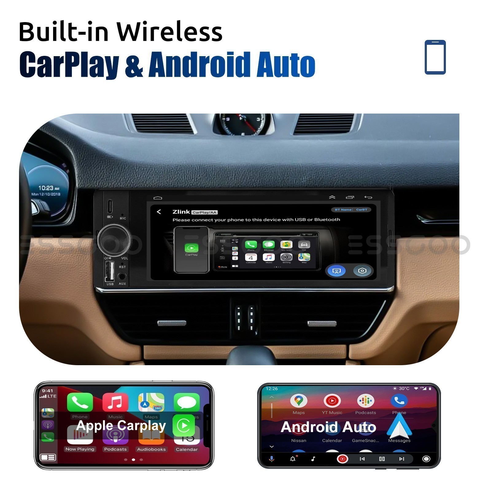 6.36″ Single 1DIN Apple CarPlay Android Auto Car Radio Stereo MIC USB SWC+Camera