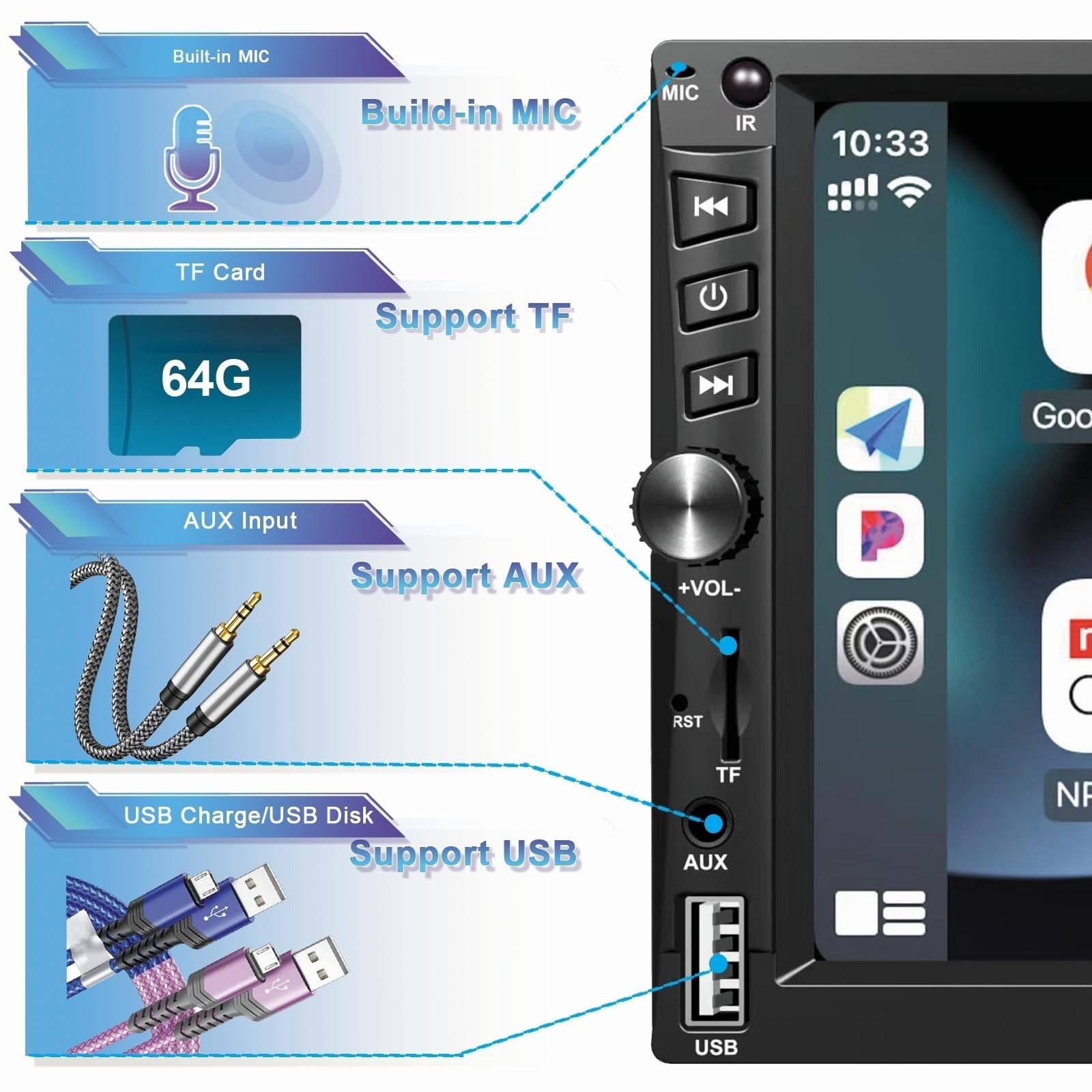 7 Inch Wireless Double Din Car Stereo, Apple Carplay, Bluetooth 5.1, GPS, FM Rad