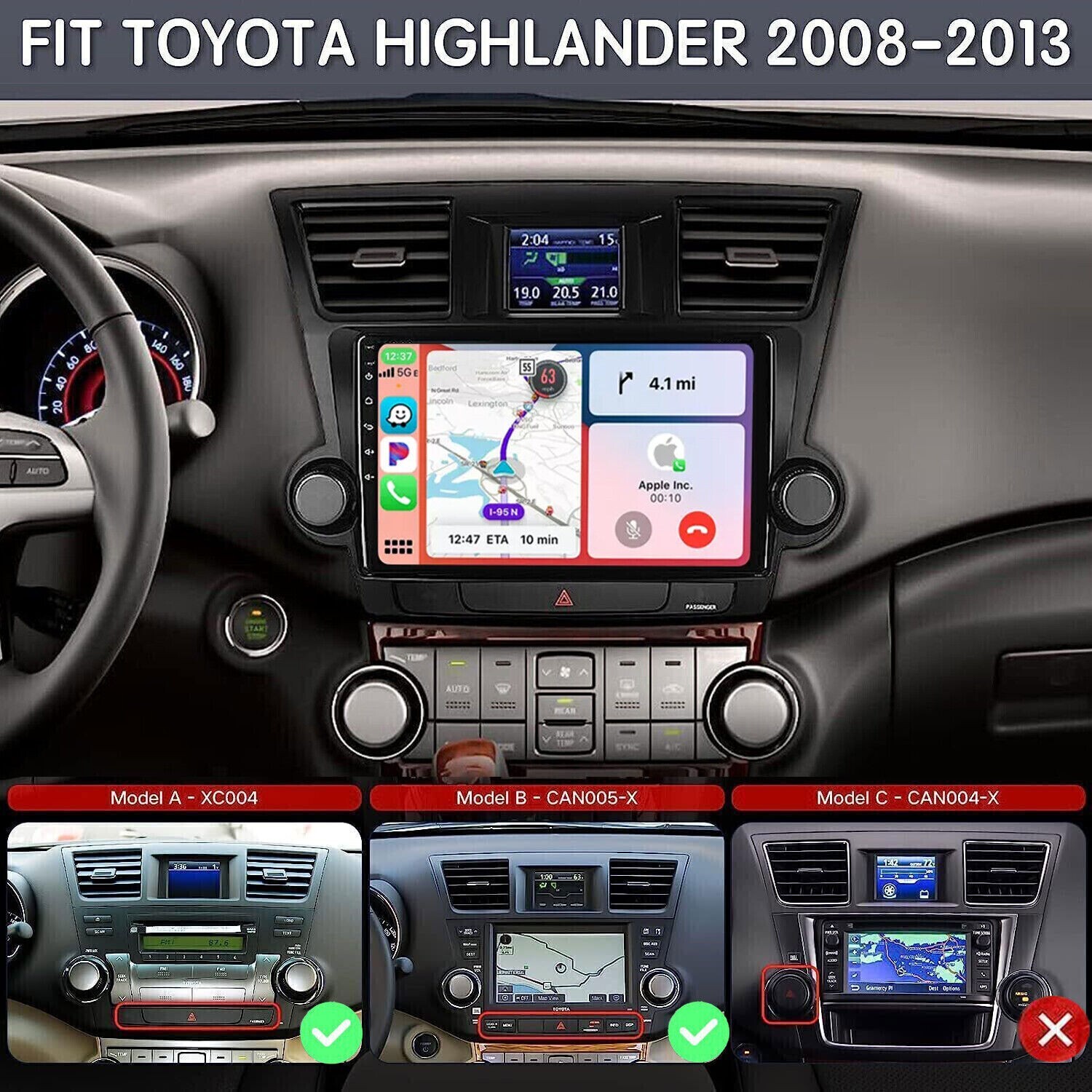 For 2008-2013 Toyota Highlander GPS Head Unit Carplay JBL Car Radio Android 12