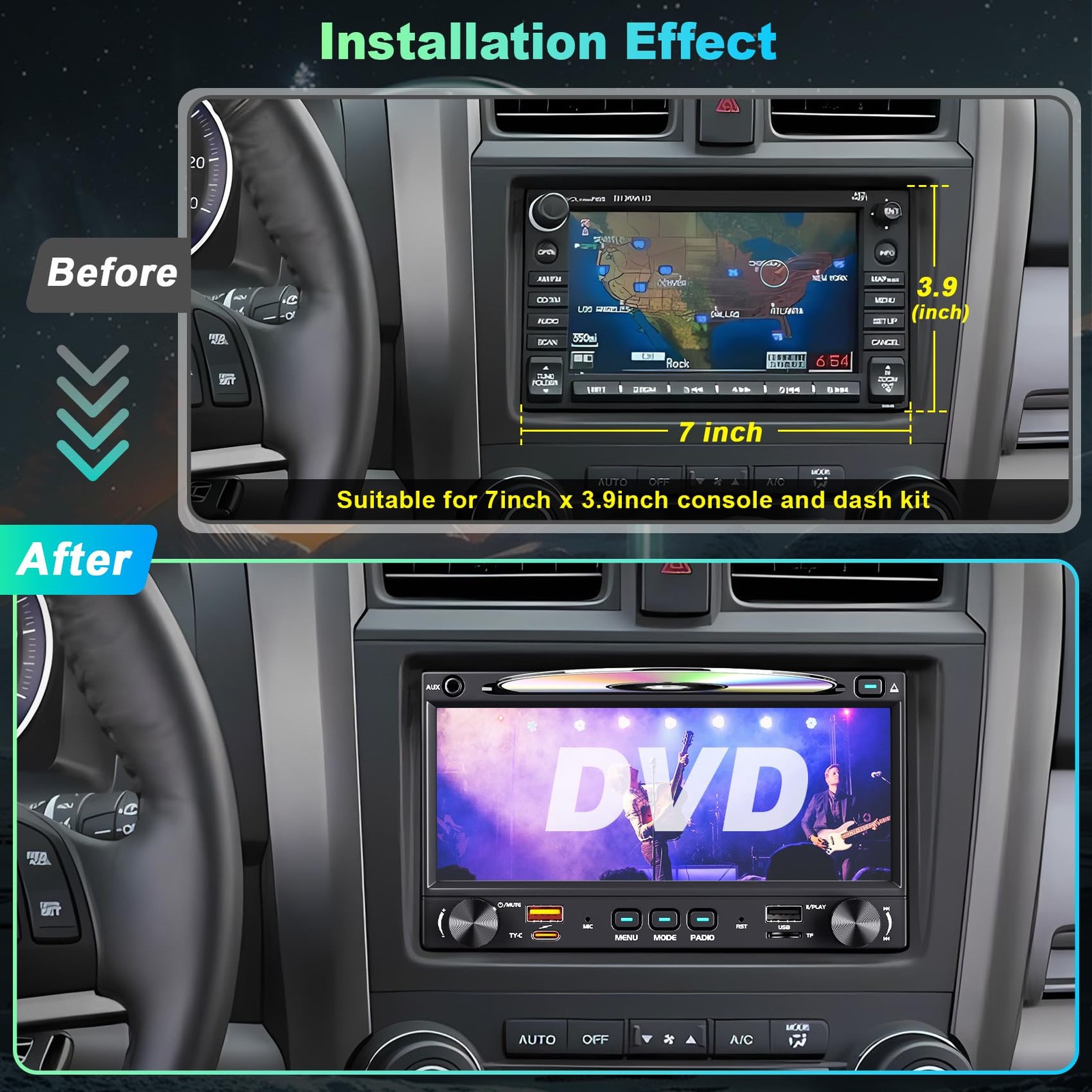 Double Din car Radio with CD/DVD Player, Wireless CarPlay & Android Auto Ster…