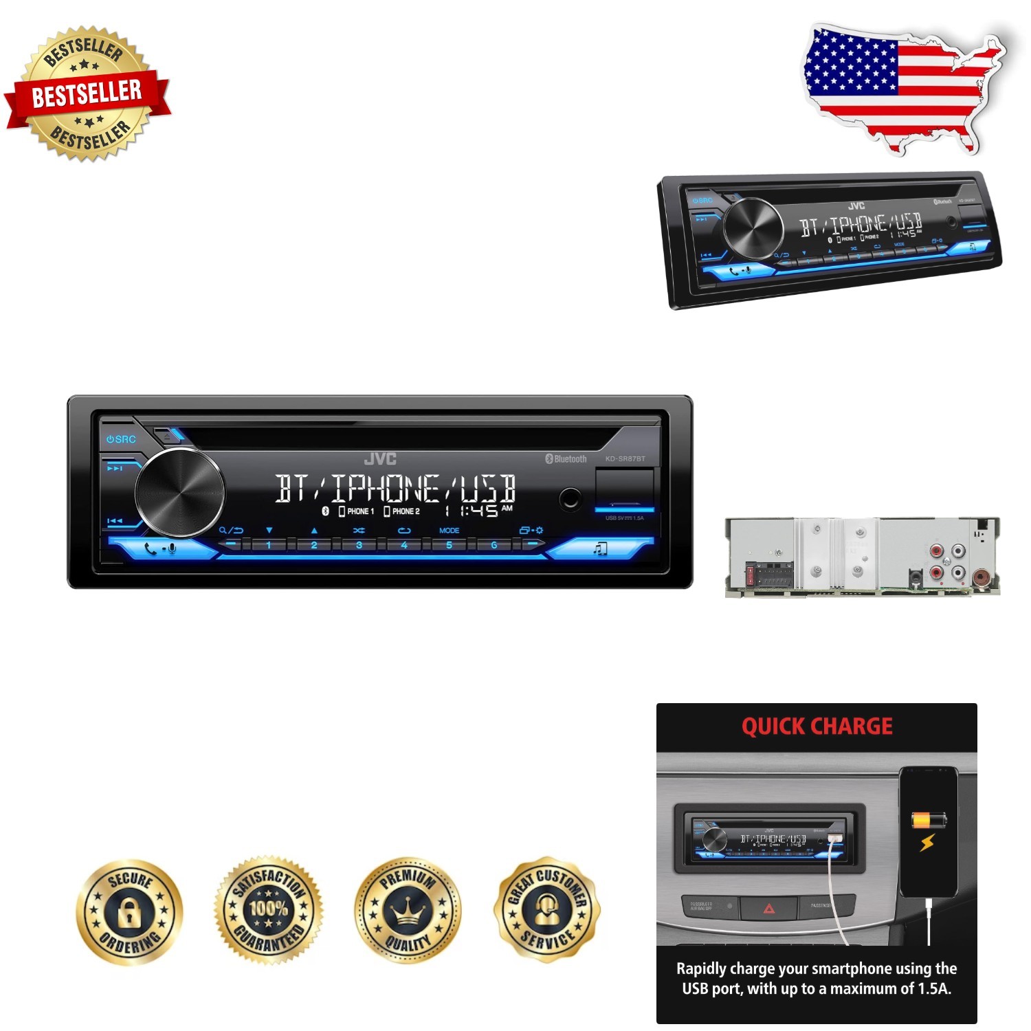 High-Value KD-SR87BT Receiver – Bluetooth, CD, 13-Band EQ, USB Charging
