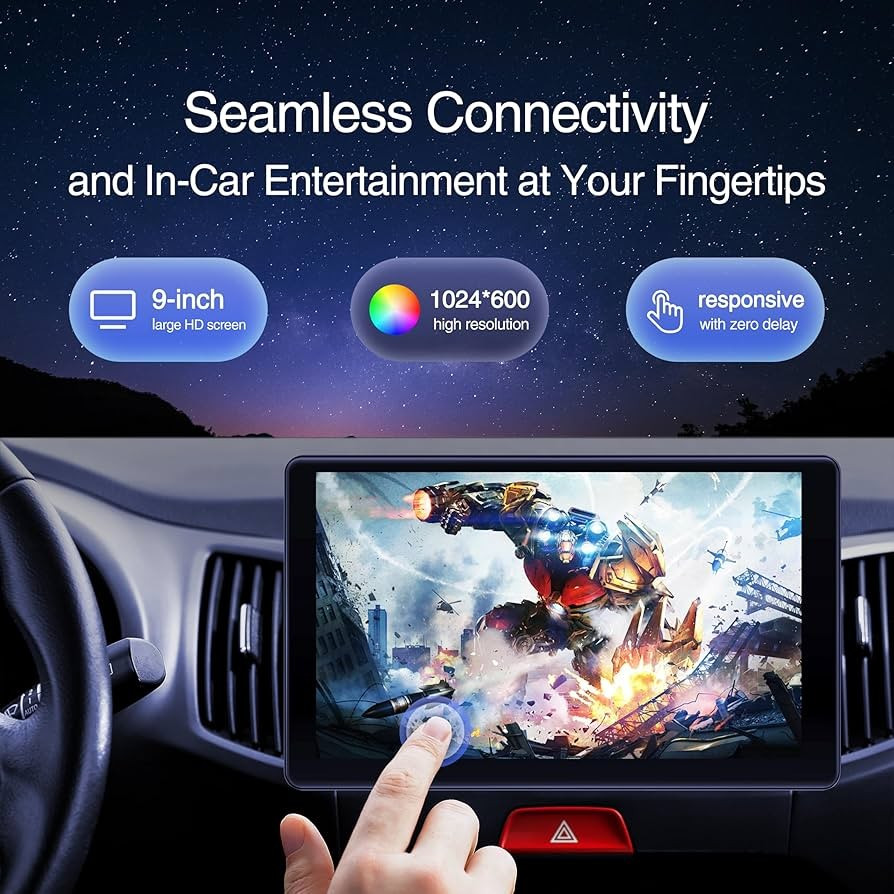Portable 9″ Wireless Stereo Apple Carplay / Android Touchscreen, Voice Control