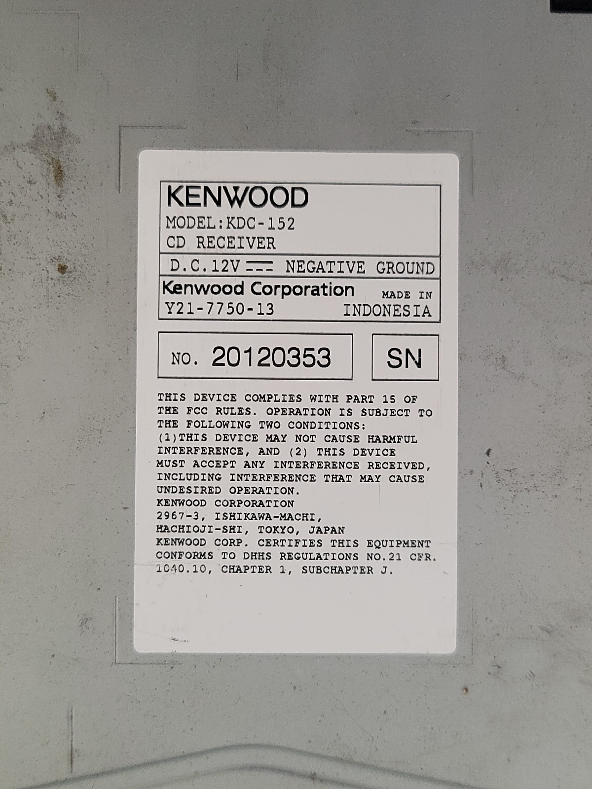 KENWOOD CD Car Stereo Receiver KDC-152 MP3/WMA/AUX/AM/FM + Wiring Harness