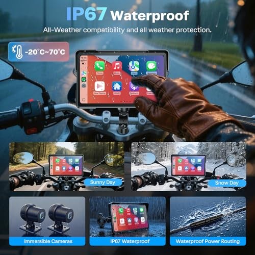 Motorcycle CarPlay Screen with Android Auto – 7”+Dual 4K Cam+TPMS+GPS+BSD+64GB