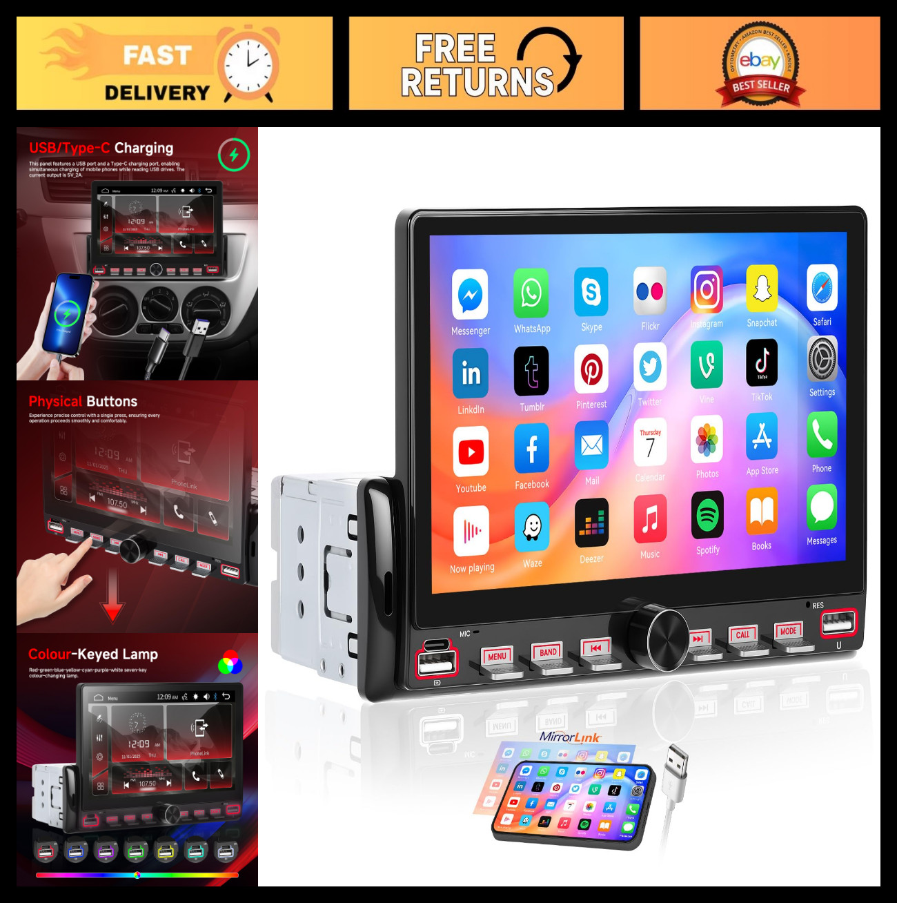 7″ Single Din Car Stereo – Bluetooth, Mirror Link, Steering Wheel Control, FM Ra