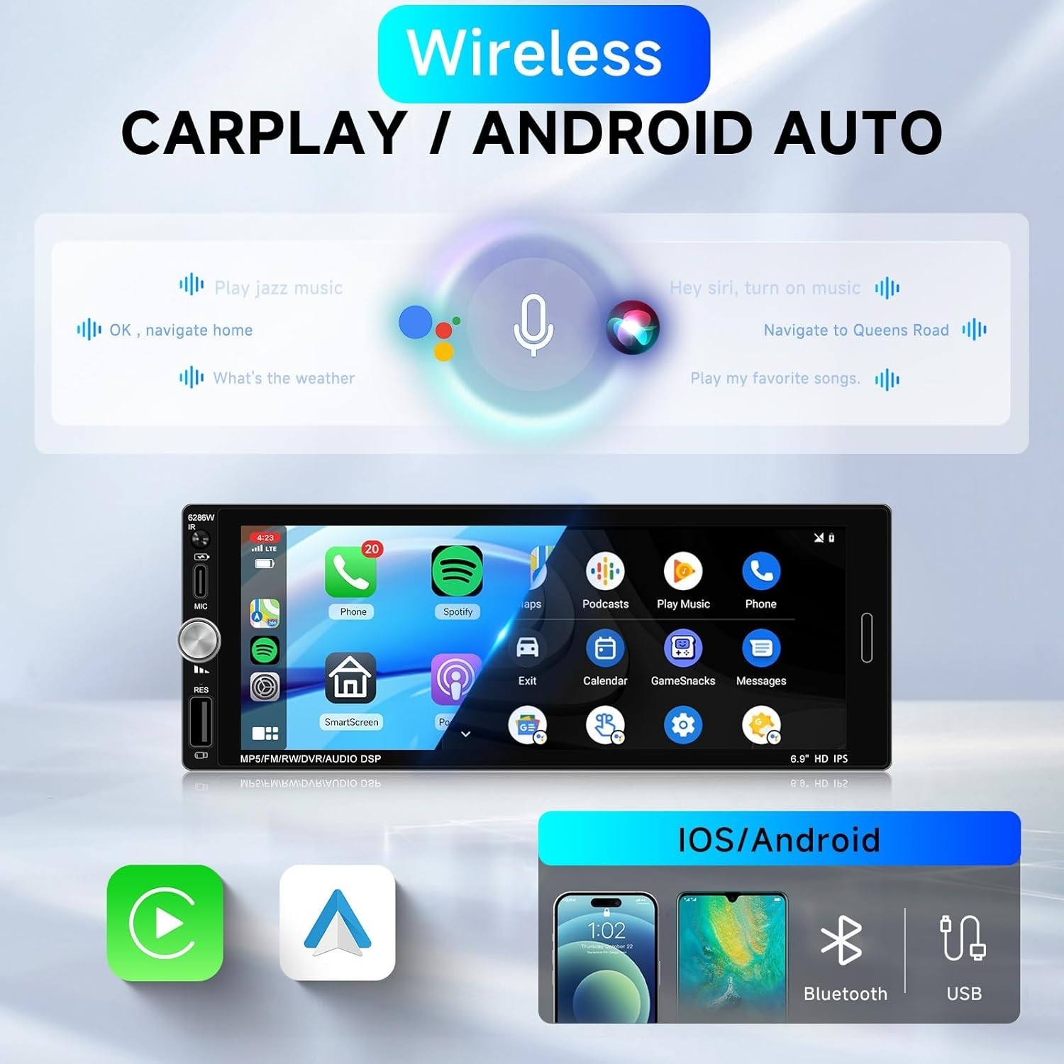 6.9” Single Din Car Stereo with Wireless CarPlay Android Auto, 1280 * 480 HD…