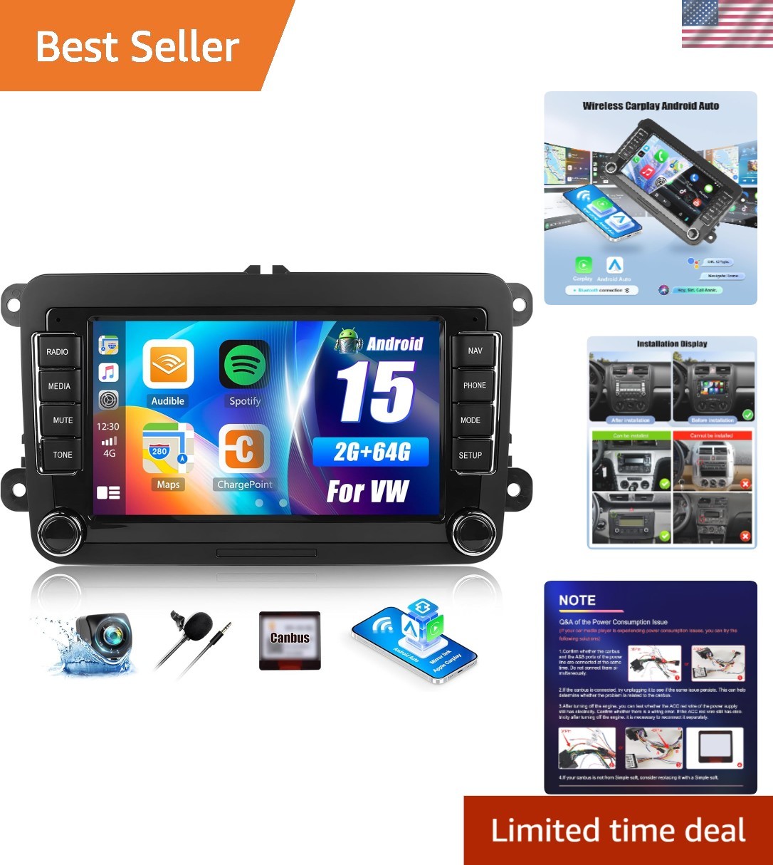 VW Passat Jetta Golf 7 Inch Car Stereo with GPS, Bluetooth & Hands-Free Calling