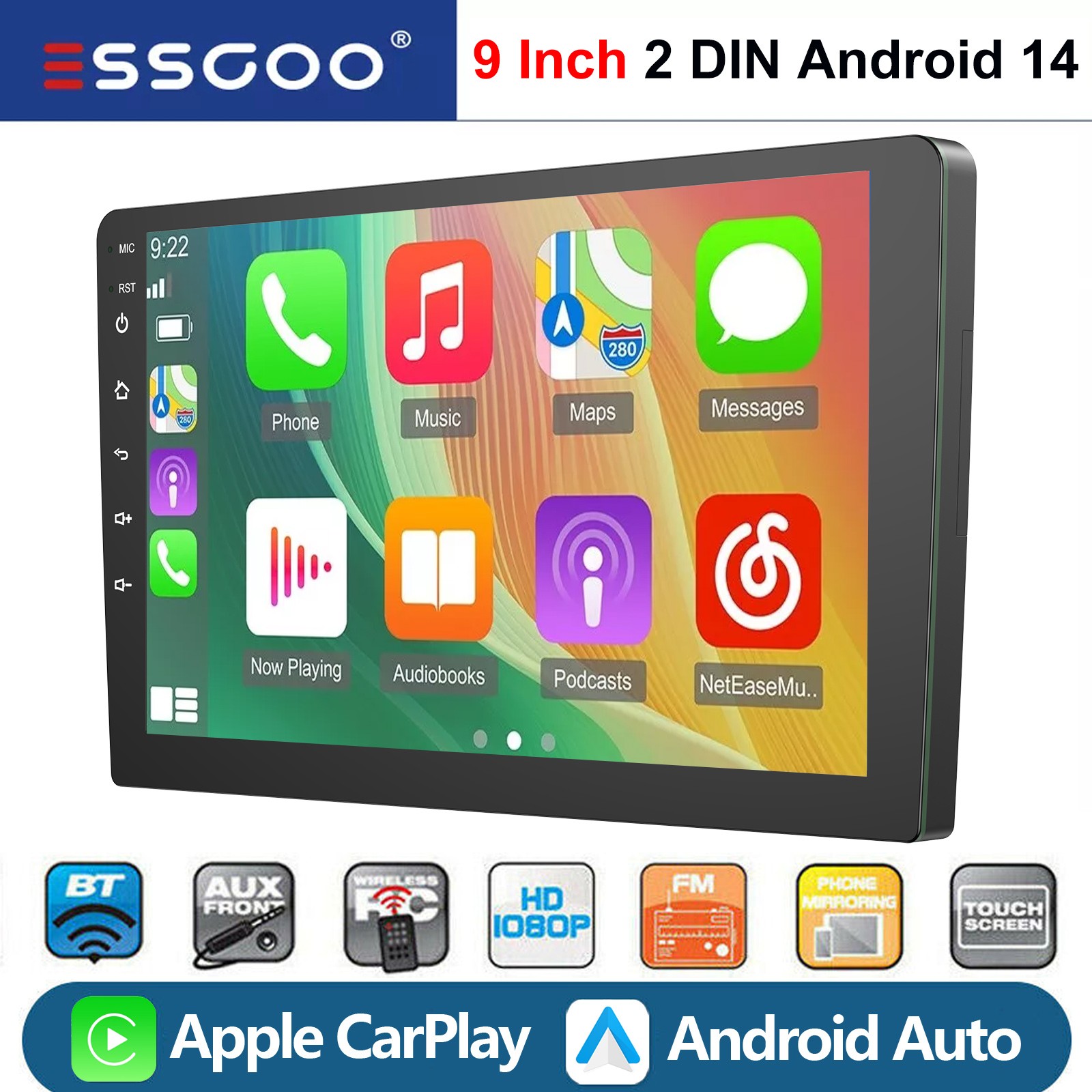 4G+64G 9″ CarPlay Double 2 Din Car Radio Android 14 Stereo GPS NAV Touch Screen