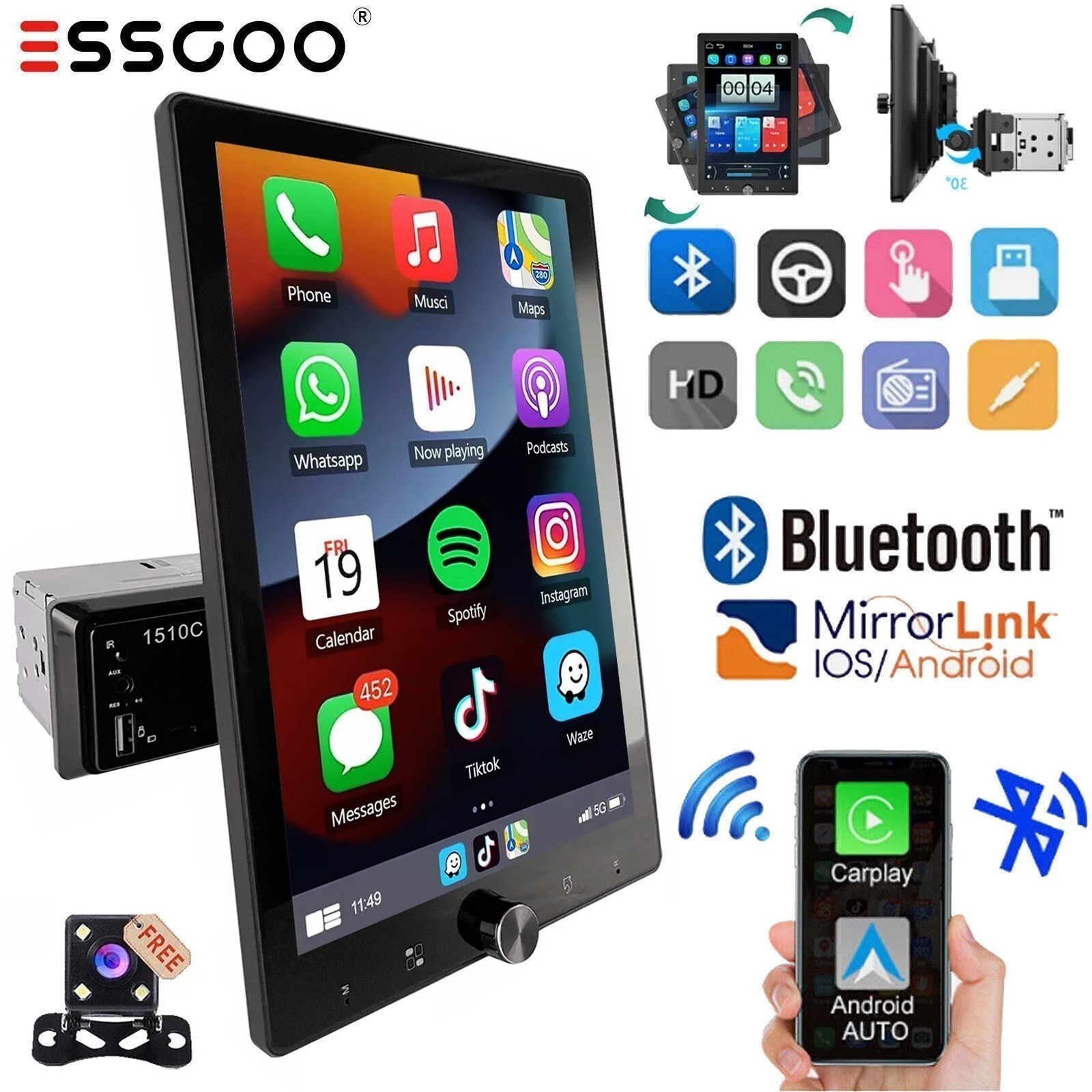 10″ Single Din Touch Screen Stereo Bluetooth Radio Car Apple/Android Carplay+CAM