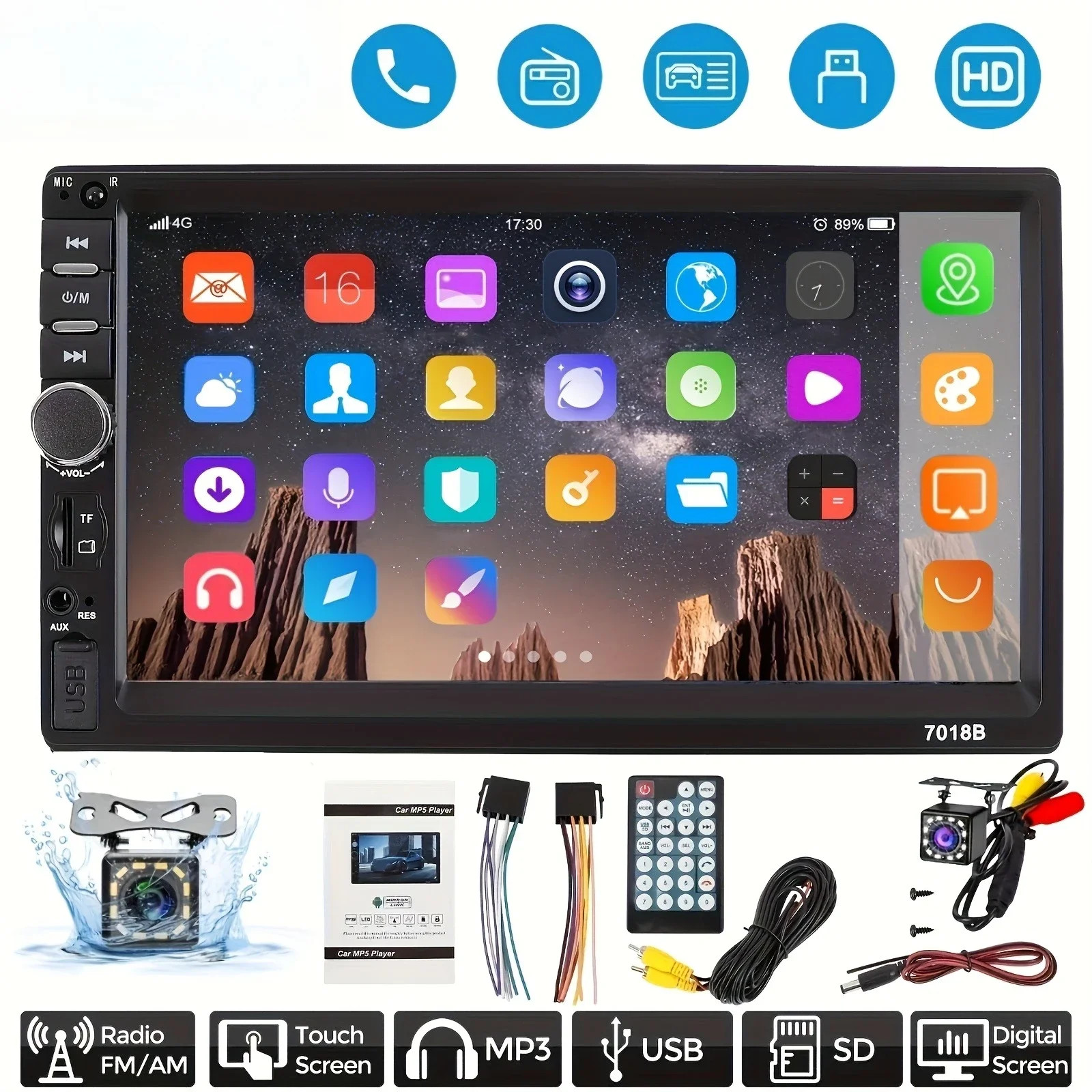 7 Inch 2 Din Car Stereo Featuring a Backup Camera MP5 Media Player Touch Screen