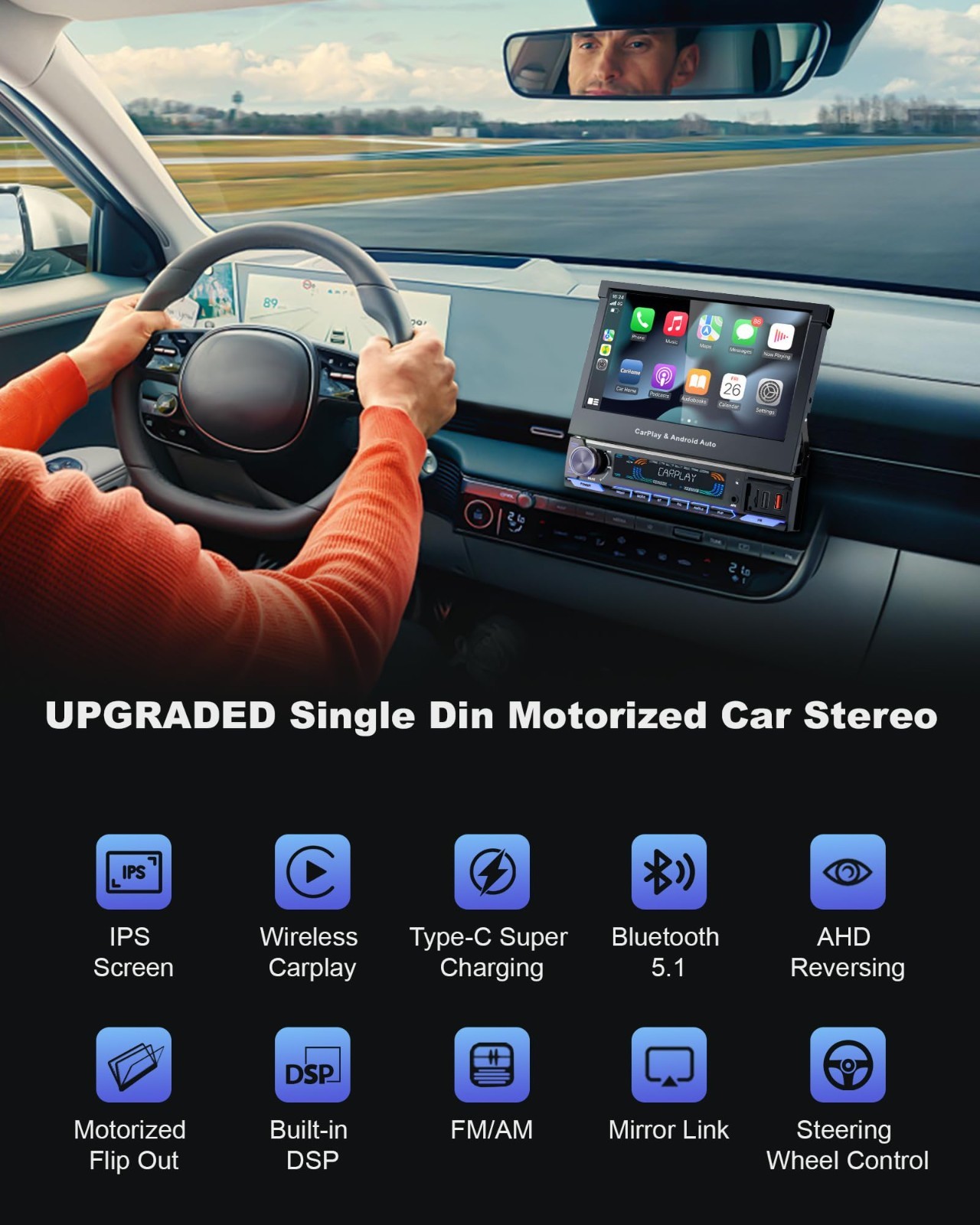 7-Inch HD Flip Out Car Stereo, Wireless Apple CarPlay & Android Auto, Bluetooth