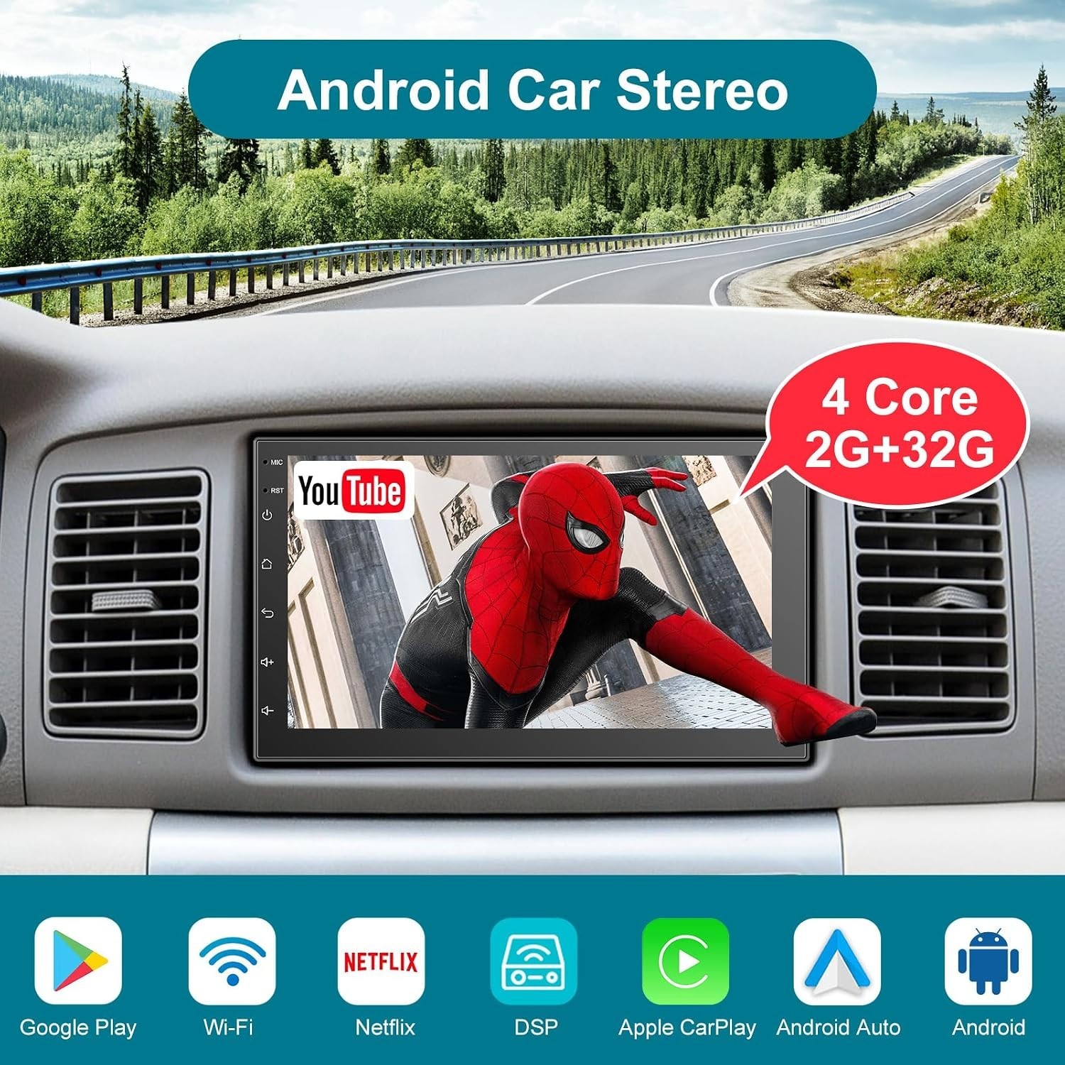 Smart 7″ Car Radio: Wireless CarPlay, Android Auto, 2+32GB, Bluetooth, HD Backup