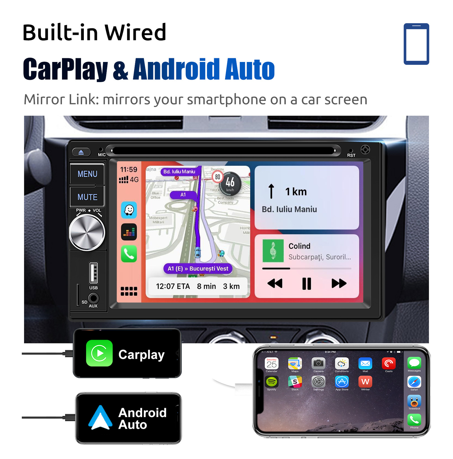 6.2″ 2 DIN Apple Carplay Android Auto Stereo Radio CD DVD Player Bluetooth FM AM