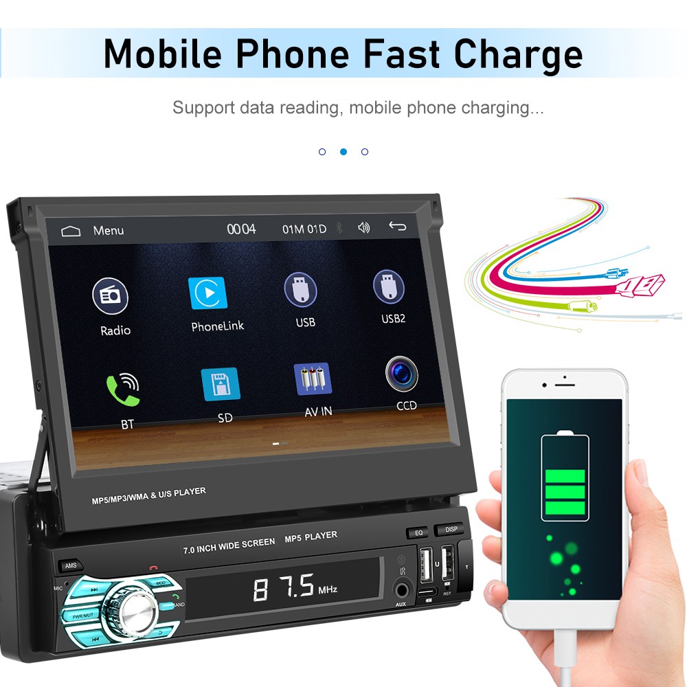 7″ Car Radio Single 1Din Retractable Wireless CarPlay Stereo Touch Screen BT FM