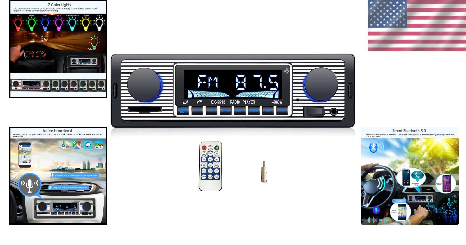 Universal Single Din Car Stereo with Fast Charging USB & Multicolor Display