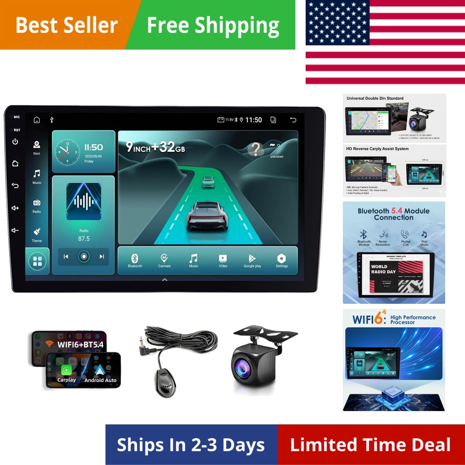 Double Din Car Stereo with Wireless CarPlay & Android Auto, 9 Inch Android Ca…