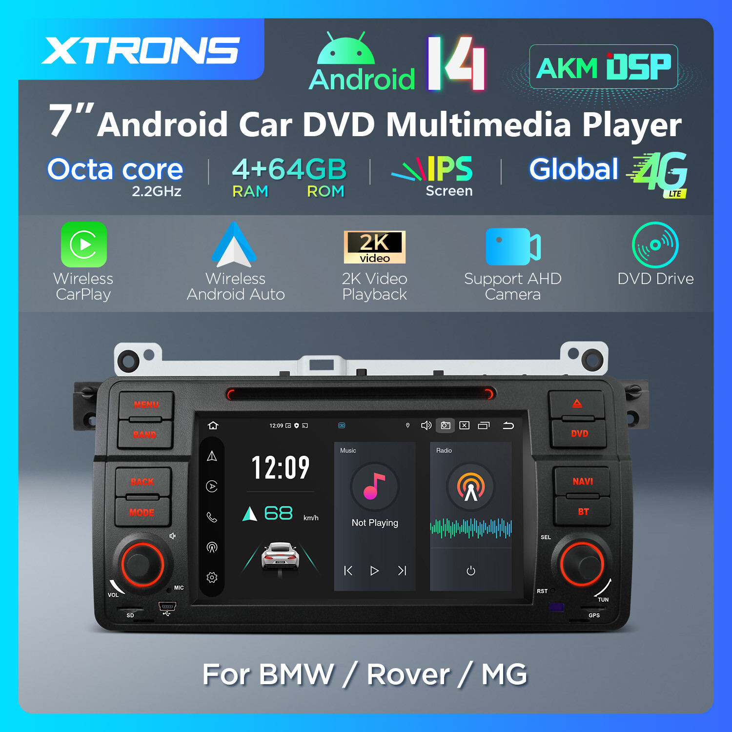 7″ Android 14 Car Stereo DVD 4G LTE Radio GPS 4+64GB AKM DSP For BMW E46 3er M3