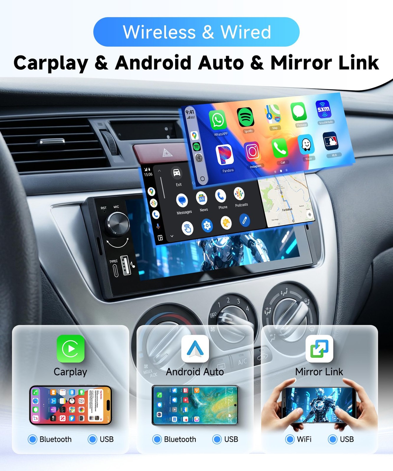 Single Din Car Stereo with 6.36 Inch Touch Screen, Wireless CarPlay & Android…