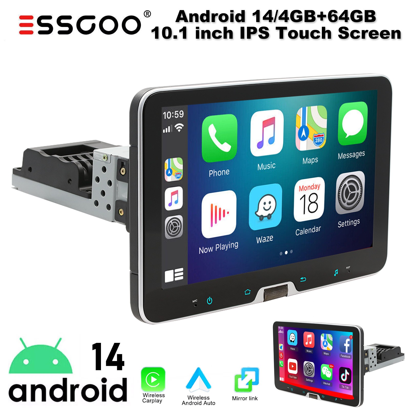 Single 1Din Rotatable 10.1” Apple Carplay Android 14 Car Stereo Radio GPS Wifi