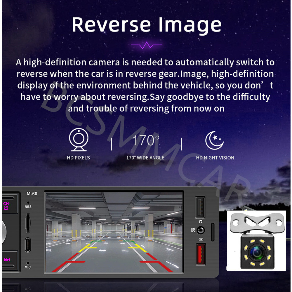 1Din 4.1in Car Stereo Player Bluetooth AUX USB FM Radio Android Auto W/Camera