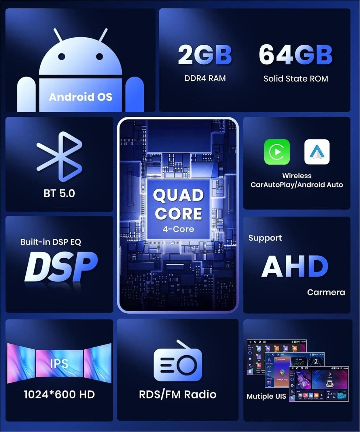All-in-One VW Car Stereo: 7-Inch IPS Display, Wireless Connectivity & AHD Camera