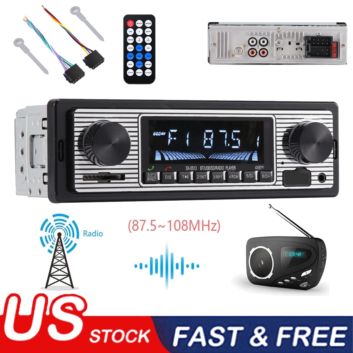 Vintage Bluetooth Car FM Radio MP3 Player SB Classic Stereo Audio Receiver AUX