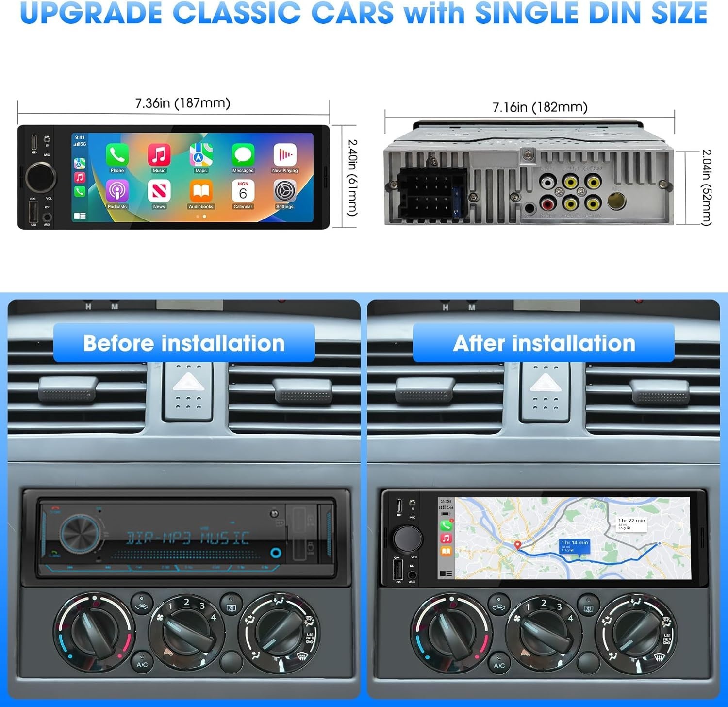 Single Din 6.5 Inch Touchscreen Stereo with Apple CarPlay & GPS for Classic Cars