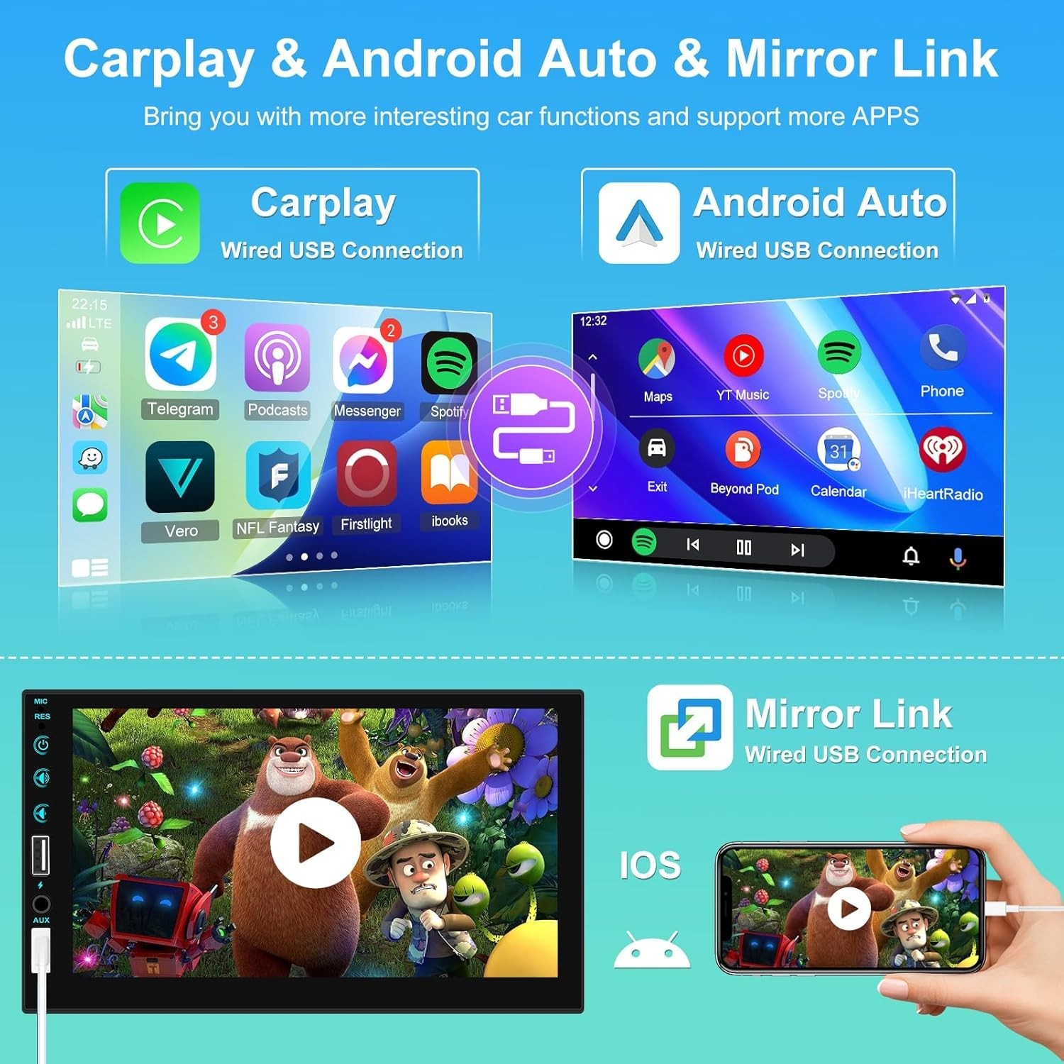 Touchscreen Car Stereo with Mirror Link, Bluetooth & Rear View Camera Support