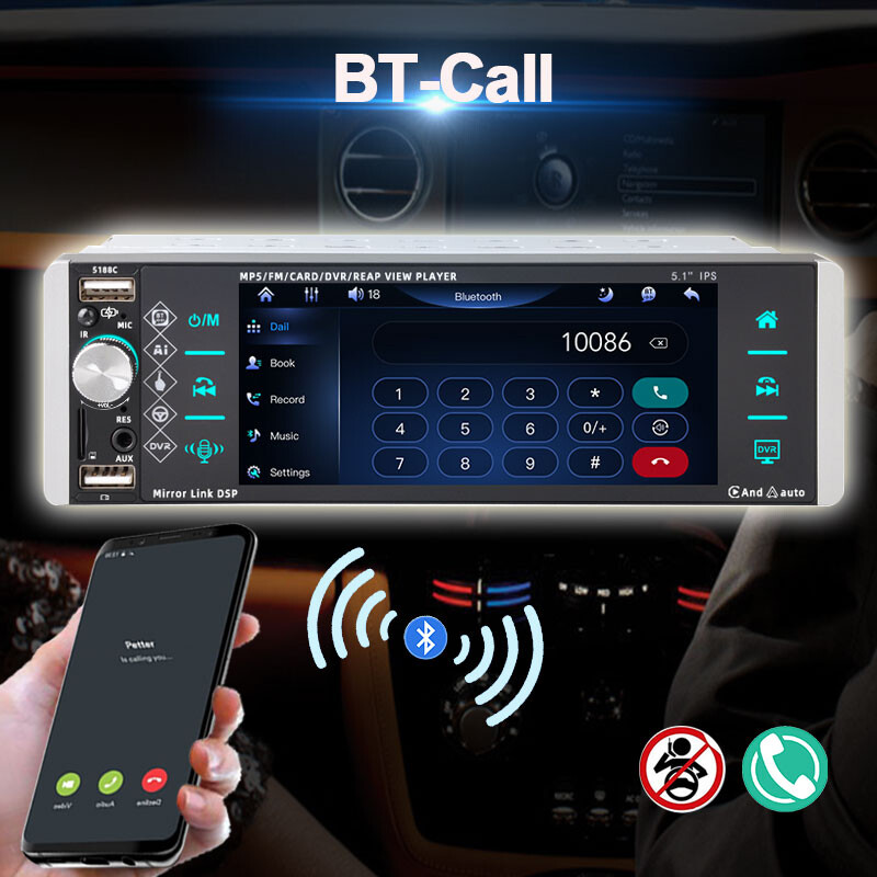 5.1” 1 Din Car Stereo CarPlay Android Touch Screen Car Radio 3USB MP5 Bluetooth