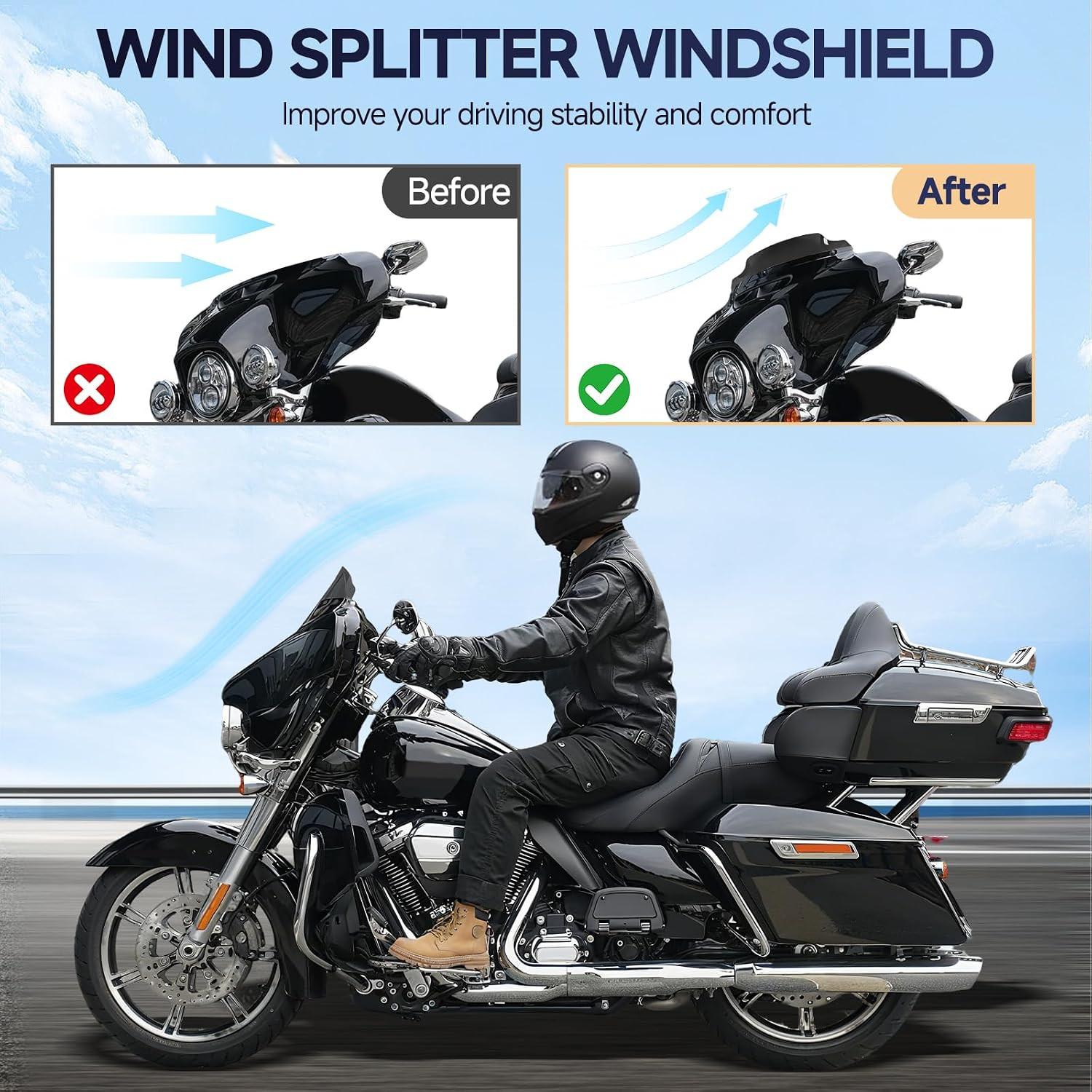 Black 4.5” Windshield Motorcycle Wave Windscreen Compatible for Harley 2014-2023
