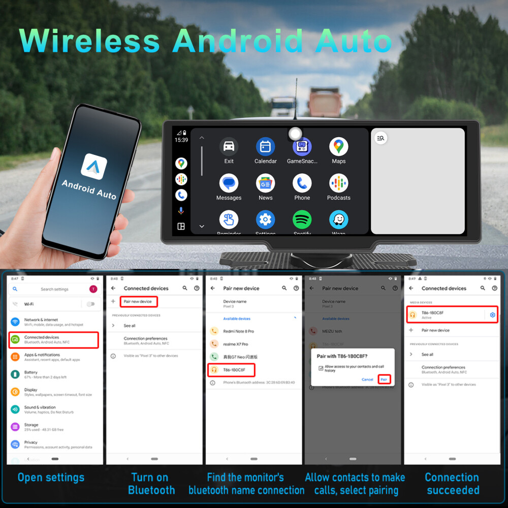 10.26″ 2K Car Portable Wireless Apple CarPlay Android Auto Touch Screen Radio FM
