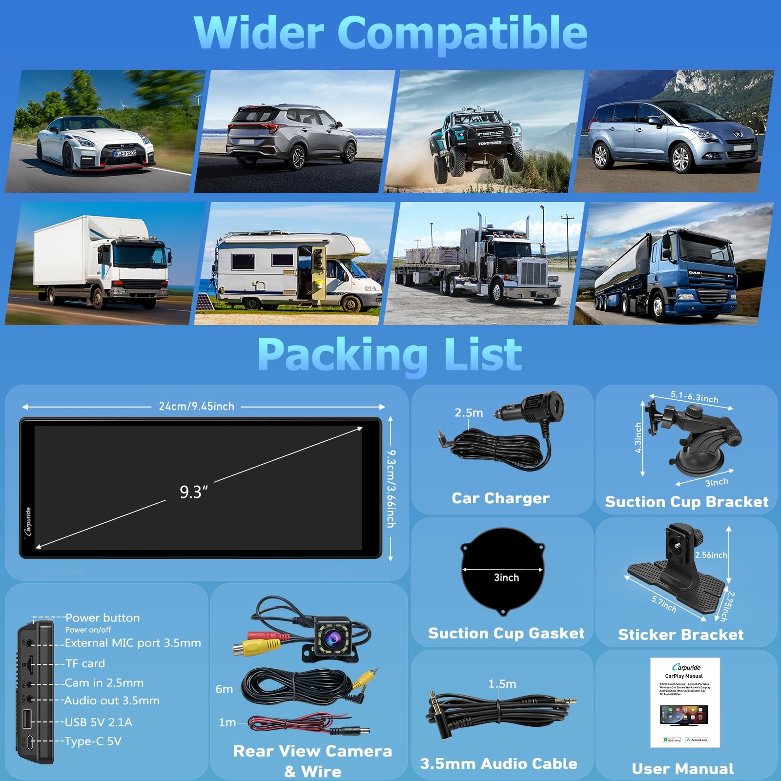 9.26 Inch Carplay Screen for Car, Compatible with Wireless/Wired Apple CarPla…