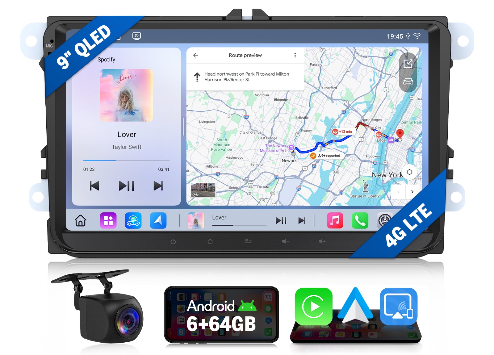 9″ QLED 6+64GB Android Car Stereo Radio CarPlay Audio 4G LTE for VW Golf MK5 MK6